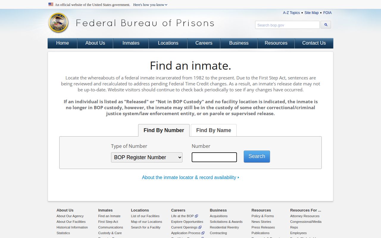 BOP locator for an FCI Williamsburg federal release record