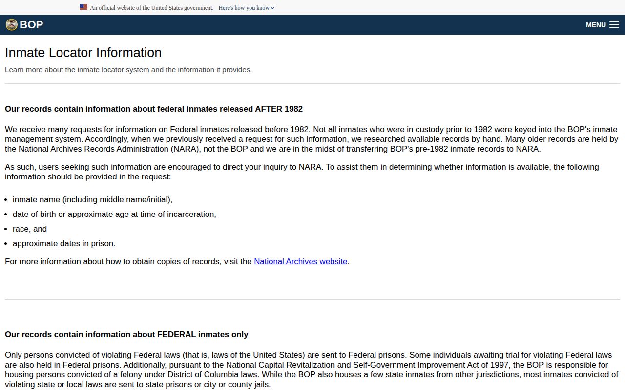 BOP guidance for interpreting an FCI Williamsburg released result