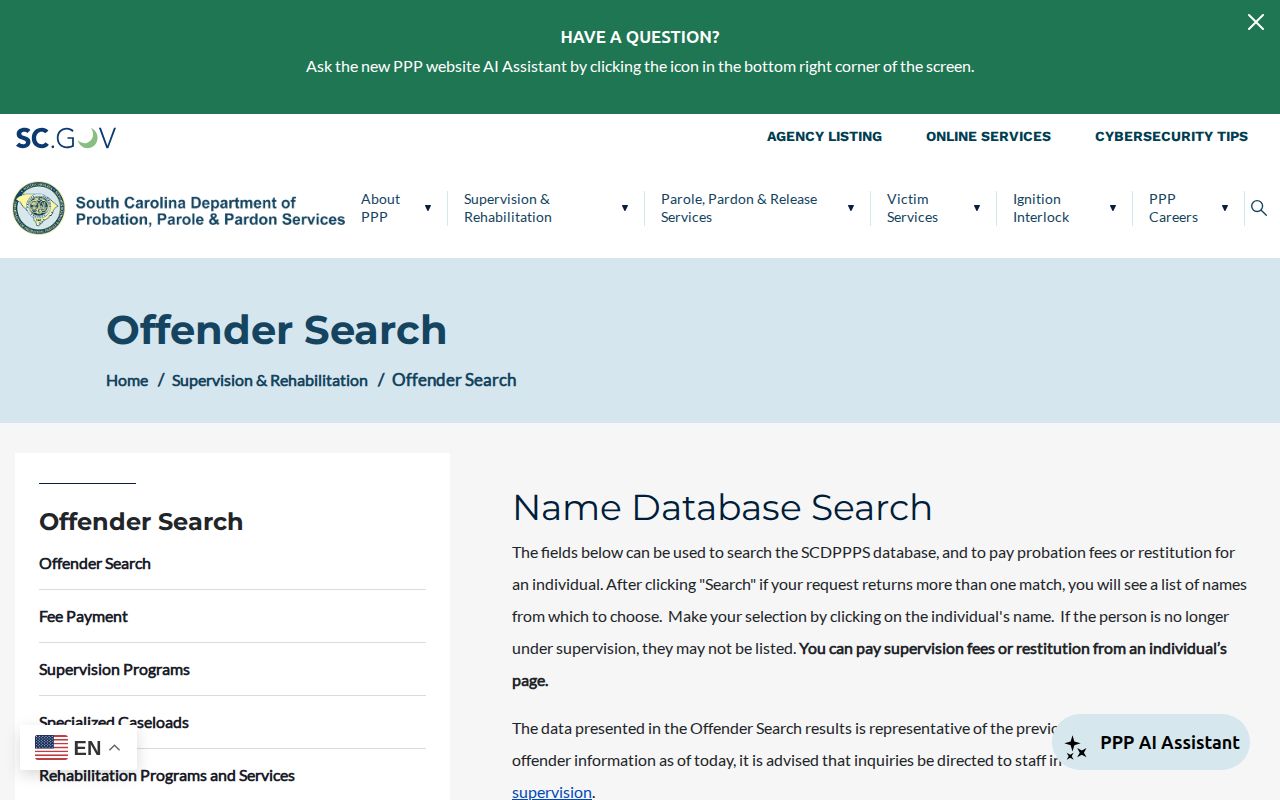 Williamsburg County parole and probation offender search fields