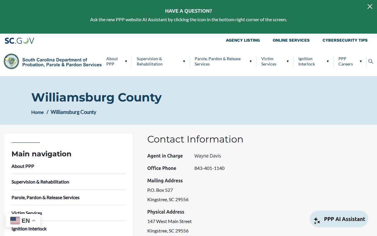 Williamsburg County parole and probation office directory record