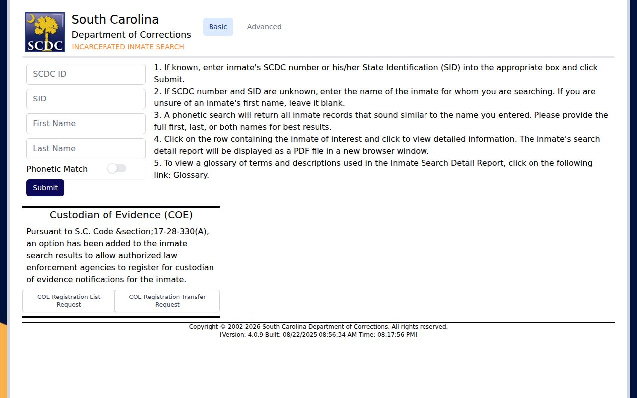 Official SCDC offender search used for Williamsburg County state-prison photo research